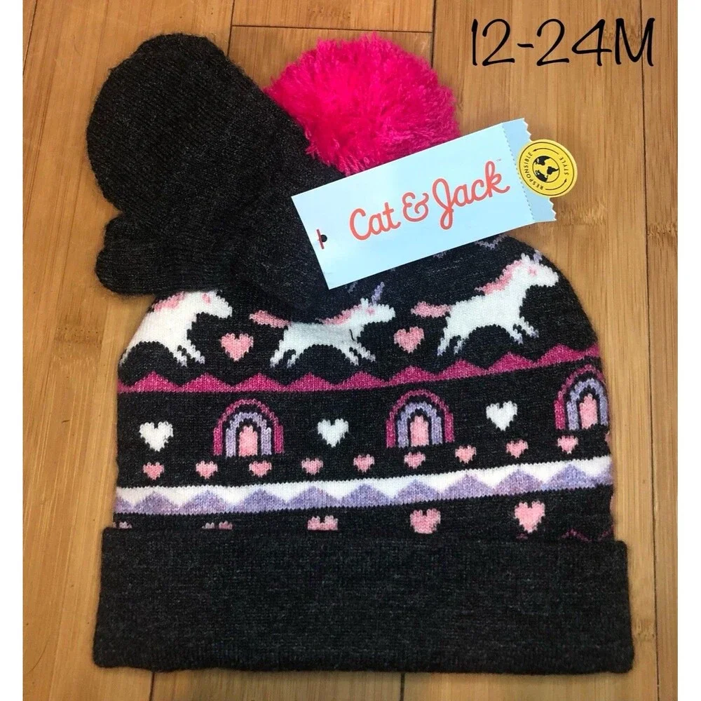NWT Cat & Jack Baby Girl Unicorn Winter Hat & Mittens Set Black Pink 12-24M